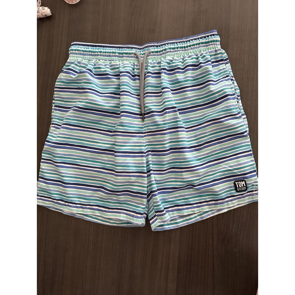 Tom & Teddy Mens Size Medium Swim Trunks Shorts Striped Blue Green Vacation